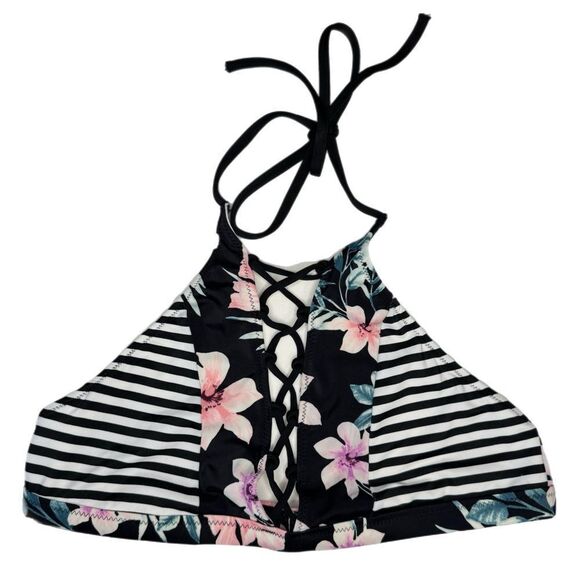 NWOT Victoria’s Secret Floral and Striped Lace Up High Neck Halter Bikini Top - Picture 2 of 4